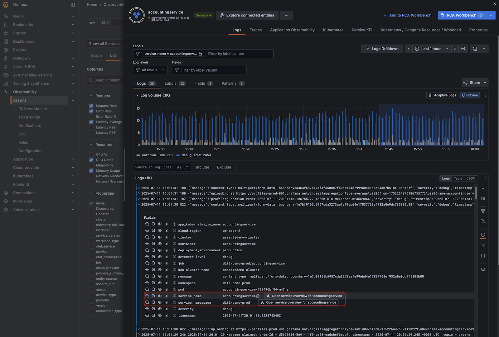 Logs Drilldown in Asserts