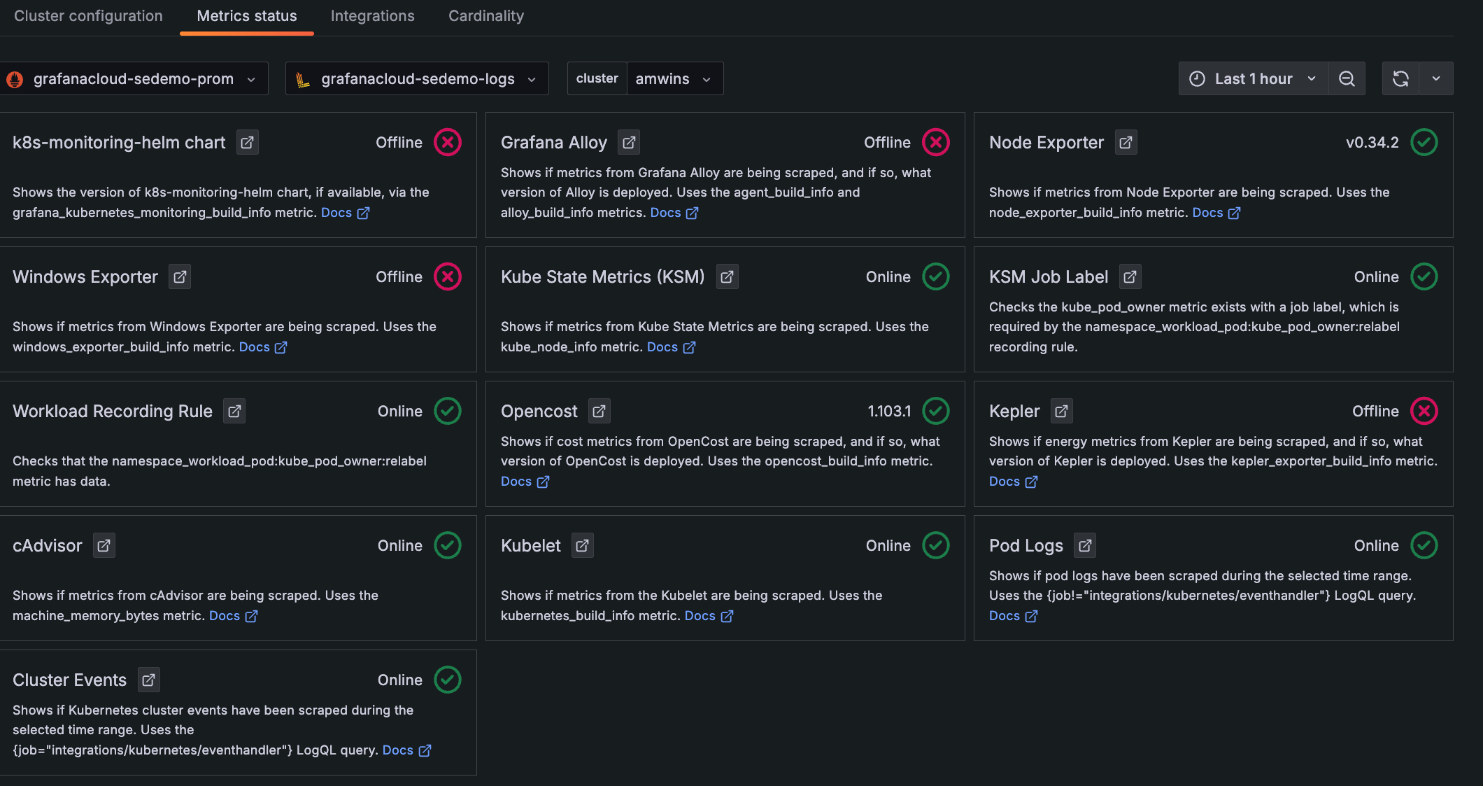 **Metrics status** tab with status indicators for one Cluster Descriptions and statuses for each item chosen to be configured and whether they are online