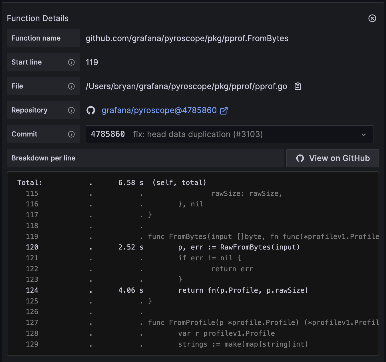 Function Details panel from a connected Pyroscope source code integration. Function Details panel from a connected Pyroscope source code integration.