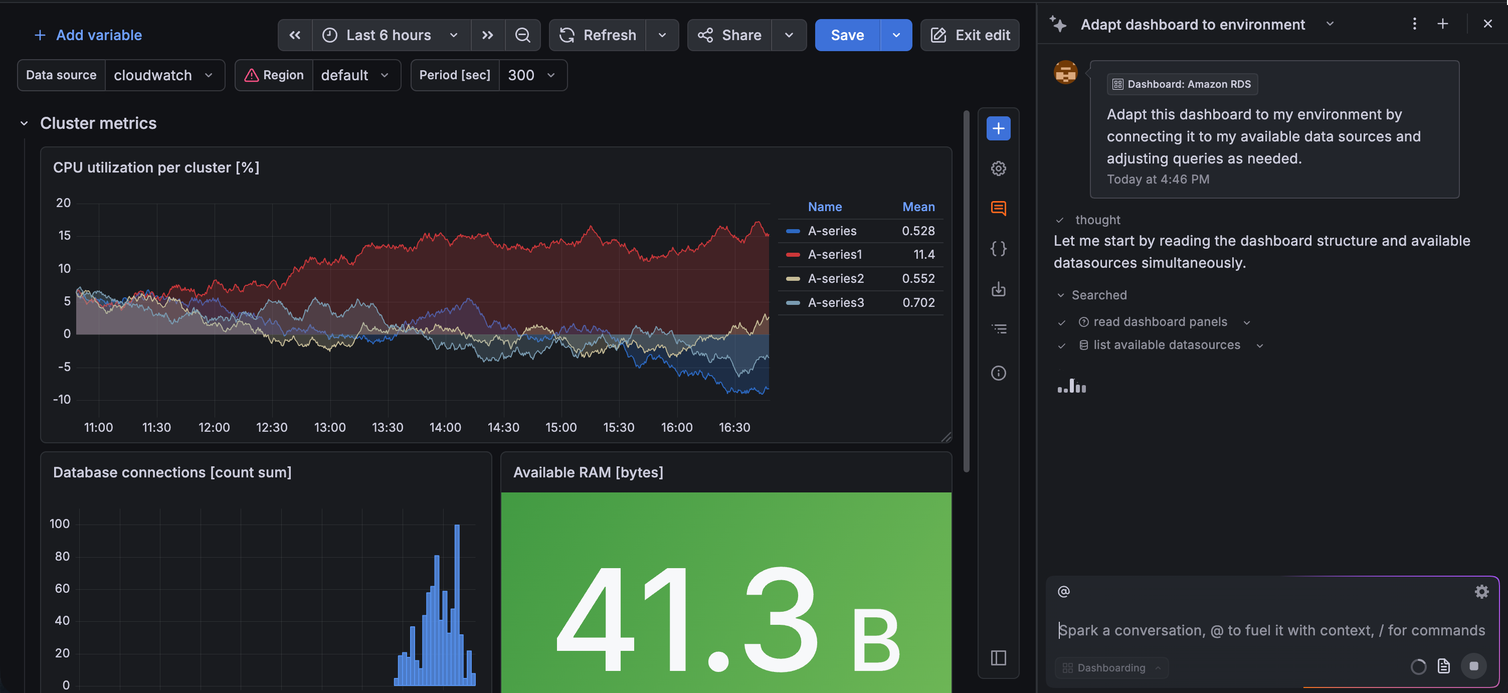 Grafana Assistant helping create a dashboard from a suggestion