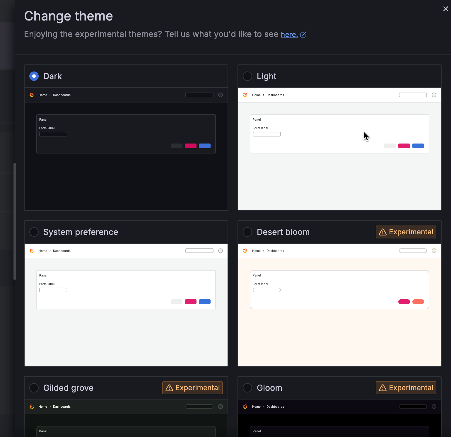The Change theme drawer opened