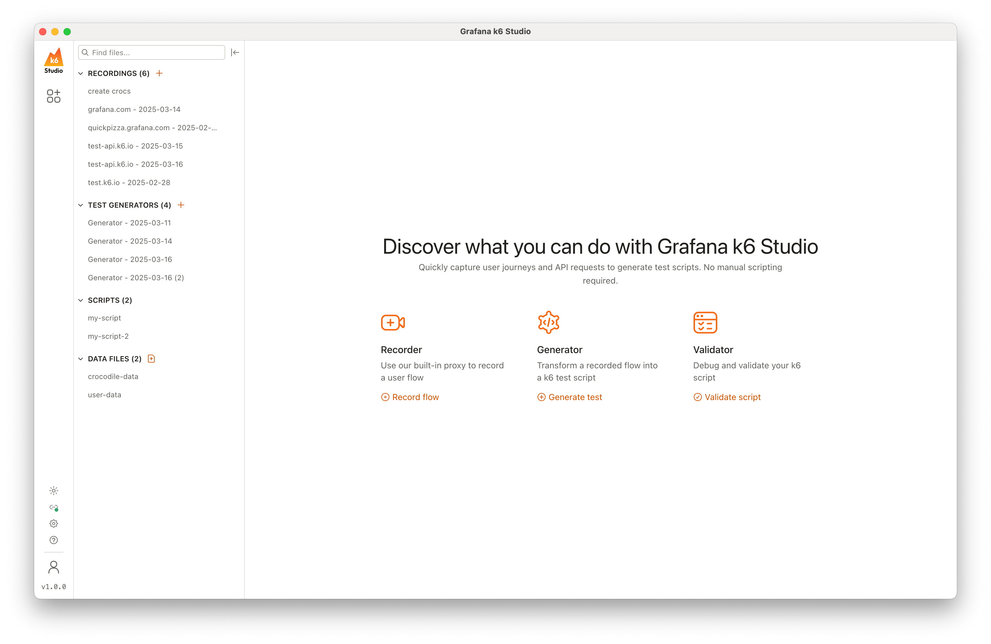Grafana k6 Studio homepage