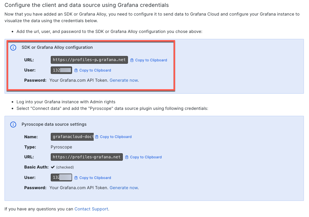 Locate the SDK or Grafana Alloy configuration values